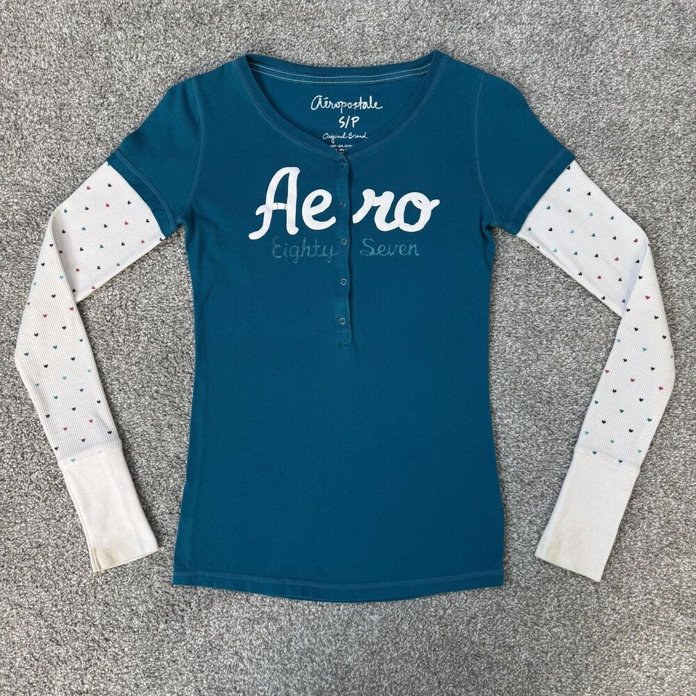 Aeropostale Shirt Juniors Small Blue Henley Long Sleeve Aero 87 Graphic Layered
